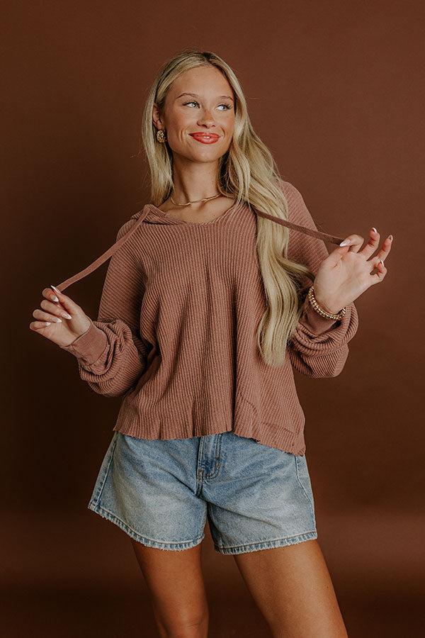 impressions Cafe Cozy Waffle Knit Hoodie in Vintage Chocolate