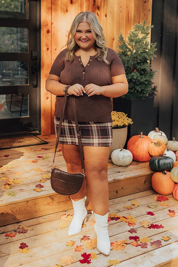 Impressions Cafe Hangout Ribbed Henley Top In Chestnut Curves