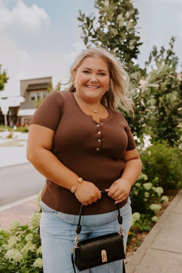 impressions Cafe Hangout Ribbed Henley Top in Chestnut Curves