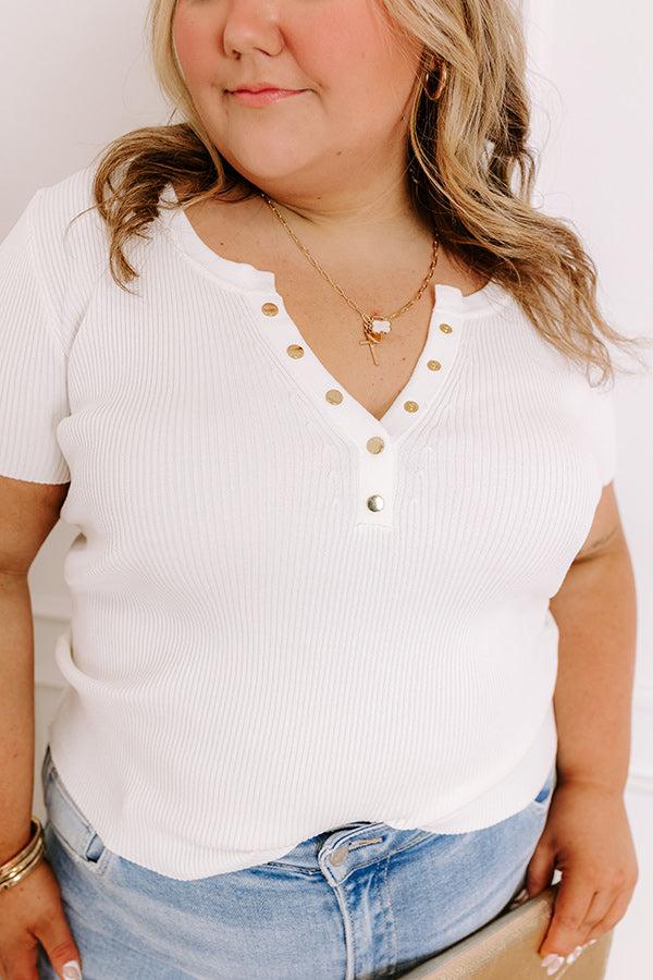 Impressions Cafe Hangout Ribbed Henley Top In Ivory Curves