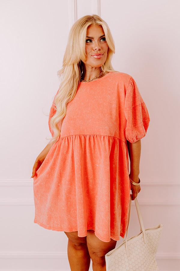 impressions Casual Coffee Date Mineral Wash Dress in Coral Curves
