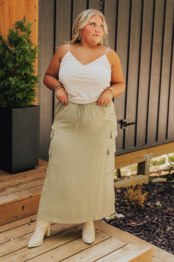 impressions Central Park Stroll High Waist Cargo Skirt in Sage Curves