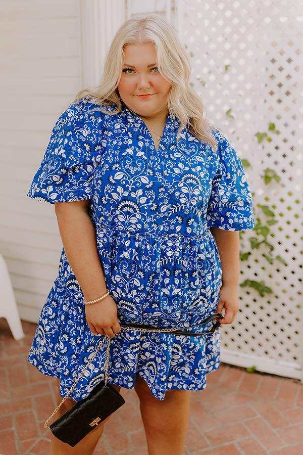 impressions Charmed Feeling Floral Mini Dress in Royal Blue Curves