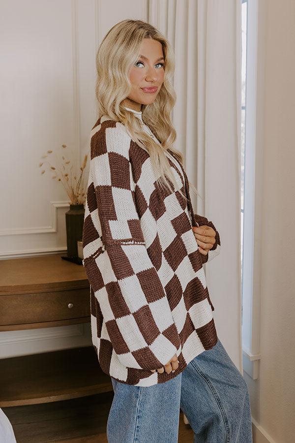 Impressions Chic Checkmate Knit Cardigan In Chestnut