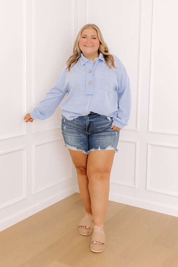 Impressions Chic Harvest Knit Henley Top In Sky Blue Curves