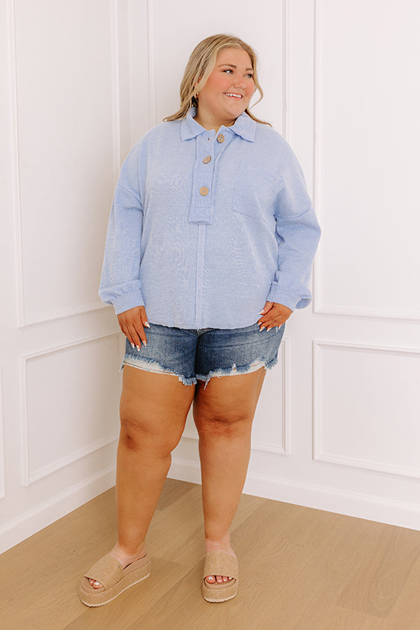 impressions Chic Harvest Knit Henley Top in Sky Blue Curves