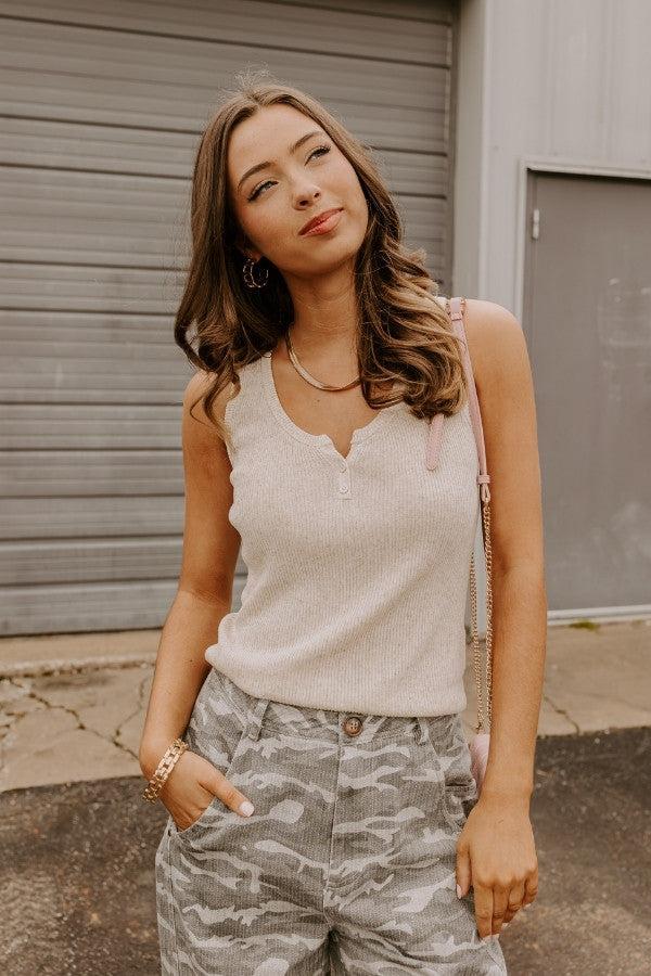 impressions Coastal Brunch Linen-Blend Henley Top in Oatmeal