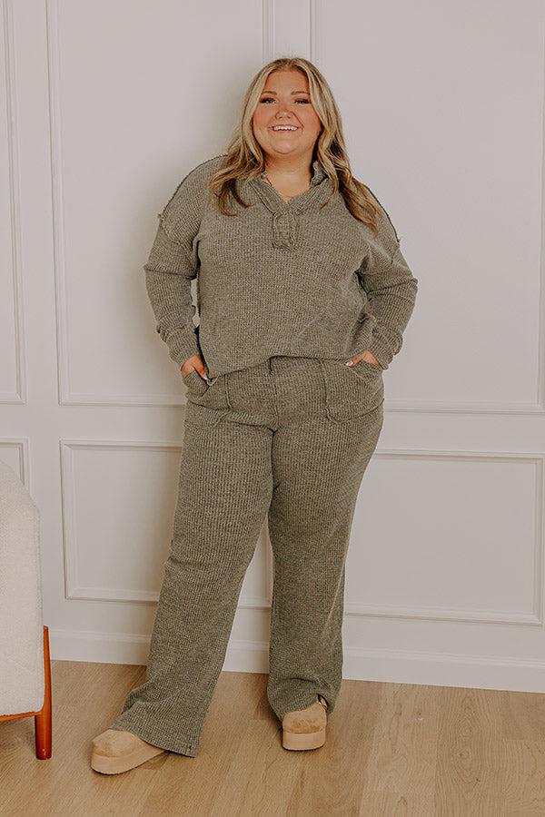 impressions Cozy Haven High Waist Vintage Wash Knit Pants in Olive Curves