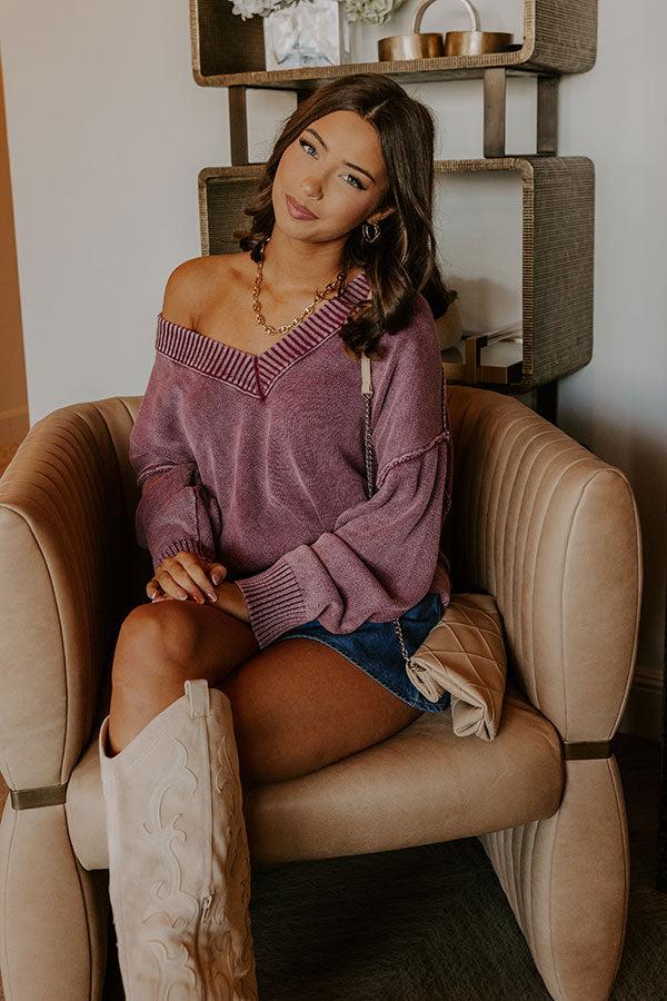 Impressions Cozy Mindset Vintage Wash Knit Sweater In Wine