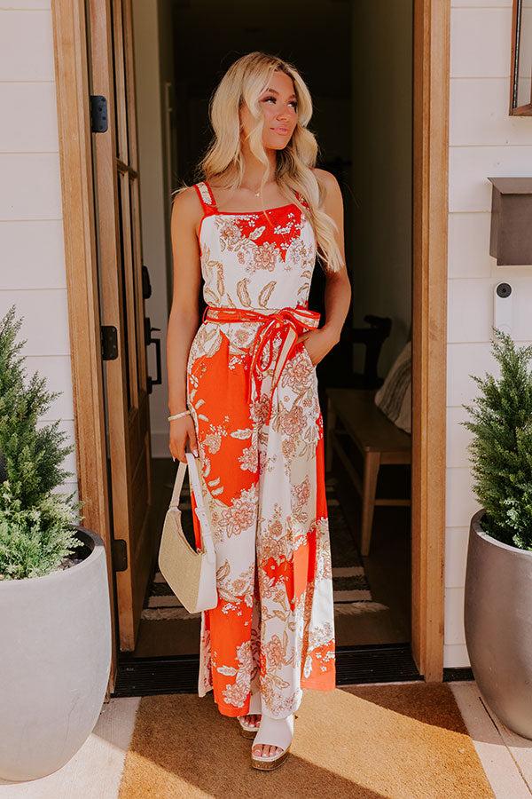 Impressions Cruise Ready Floral Wide Leg Jumpsuit In Tangerine