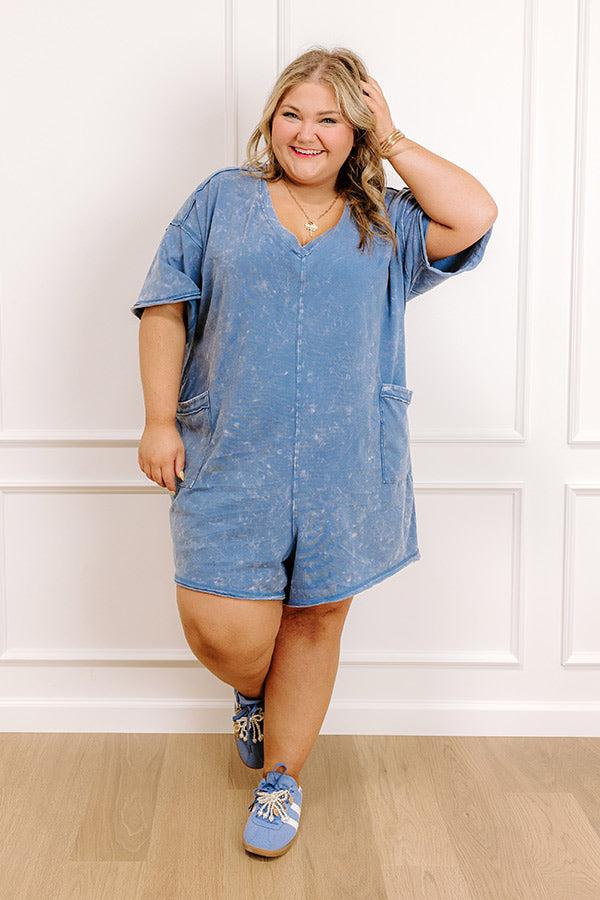 impressions Easy To Style Vintage Wash Romper in Blue Curves