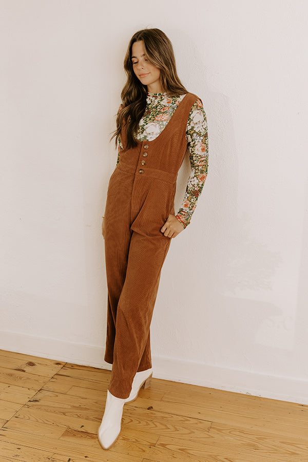 Impressions Falling For You Corduroy Jumpsuit In Mocha