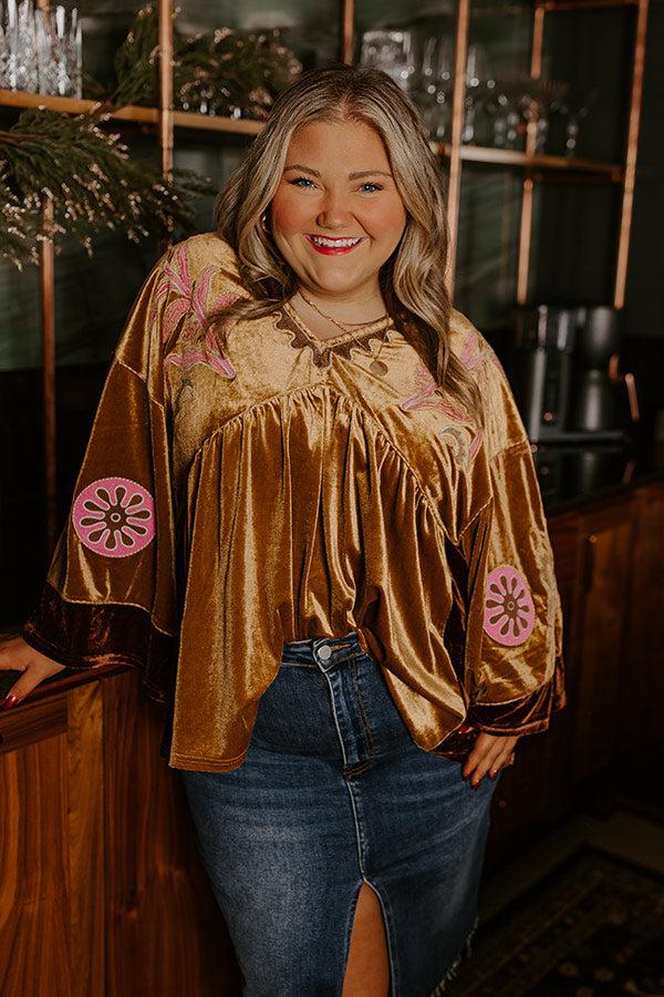 Impressions Feeling Boho Embroidered Velvet Top In Mustard Curves