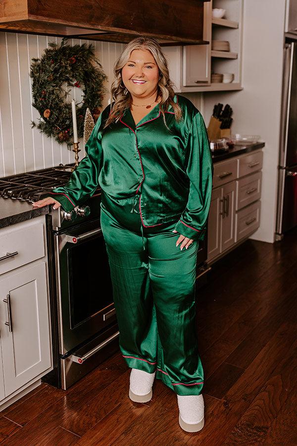 impressions Feeling Luxurious Satin Pajama Pants in Hunter Green Curves