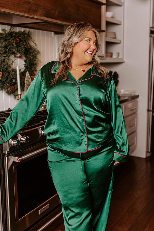 Impressions Feeling Luxurious Satin Pajama Top In Hunter Green Curves