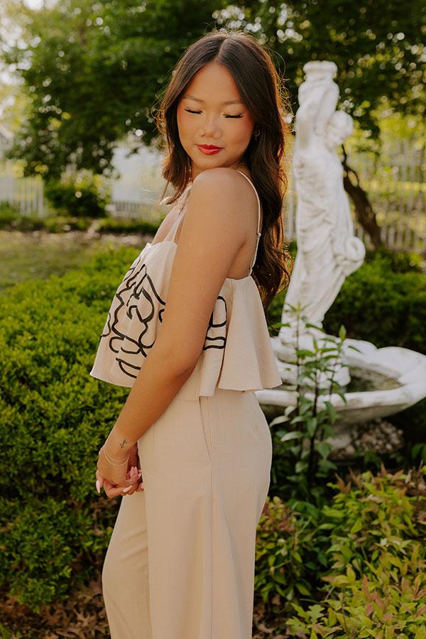 Impressions First Class Chic Embroidered Crop Top In Iced Latte