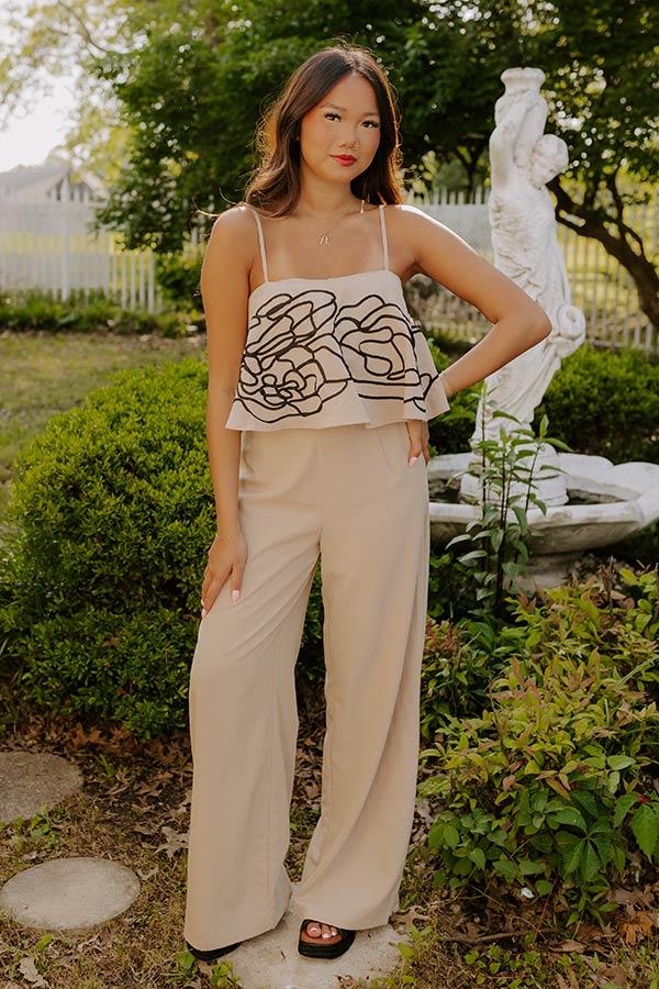 Impressions First Class Chic Embroidered Crop Top In Iced Latte