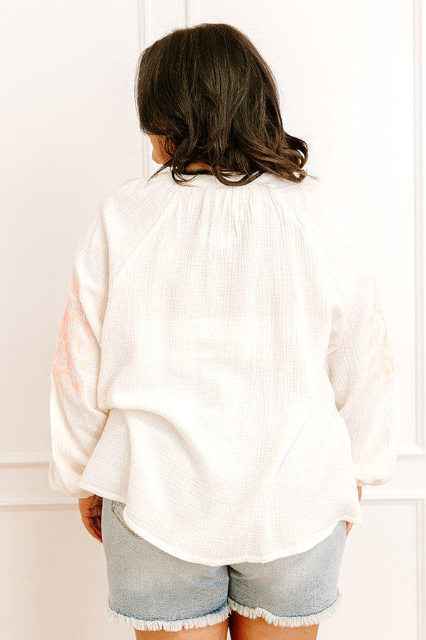 Impressions Gardenia Charm Floral Embroidered Top In Cream Curves