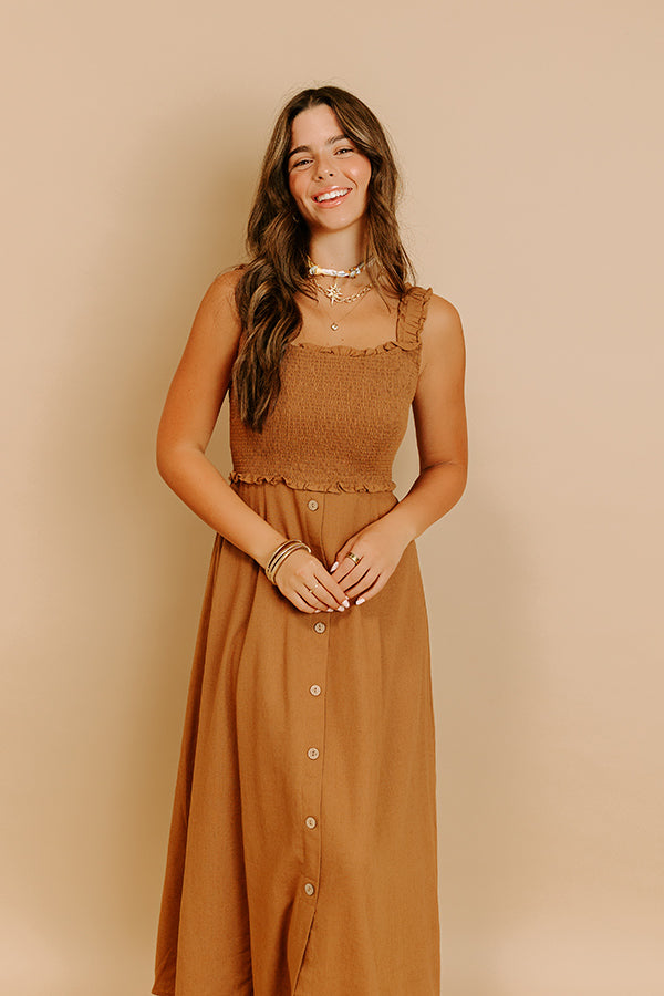 Impressions Harvest Lane Linen-Blend Midi Dress In Chocolate