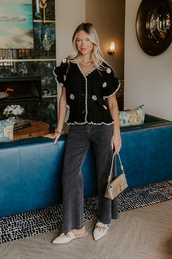 Impressions Flowers And Frills Knit Top In Black