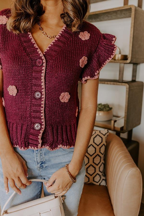 Impressions Flowers And Frills Knit Top In Wine