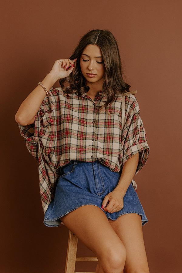 impressions Plaid Affair Oversized Button Up Top