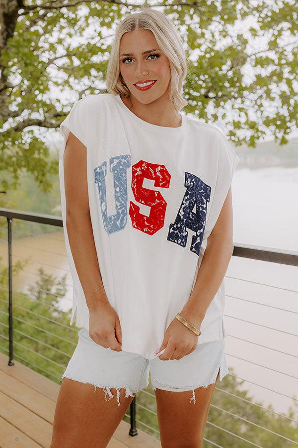 Impressions Red White And Lace USA Embroidered Tee