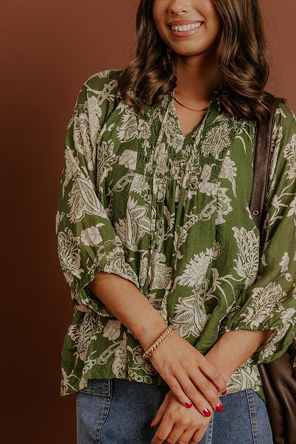 Impressions Simply Charming Floral Top In Olive