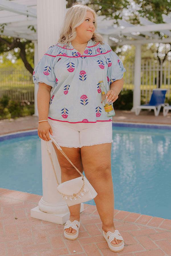 impressions Joyful Bloom Floral Embroidered Top in Sky Blue Curves