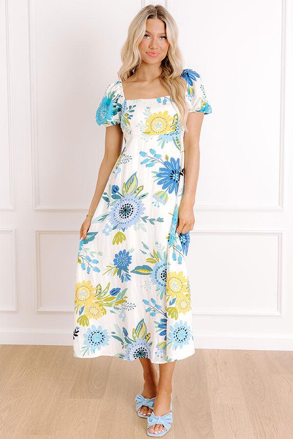 impressions Joyful Blooms Linen-Blend Midi Dress in Blue