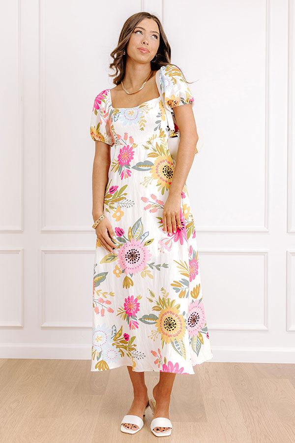 impressions Joyful Blooms Linen-Blend Midi Dress in Pink