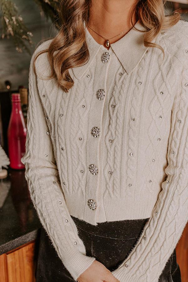 Impressions Kind Smile Cable Knit Embellished Cardigan In Cream