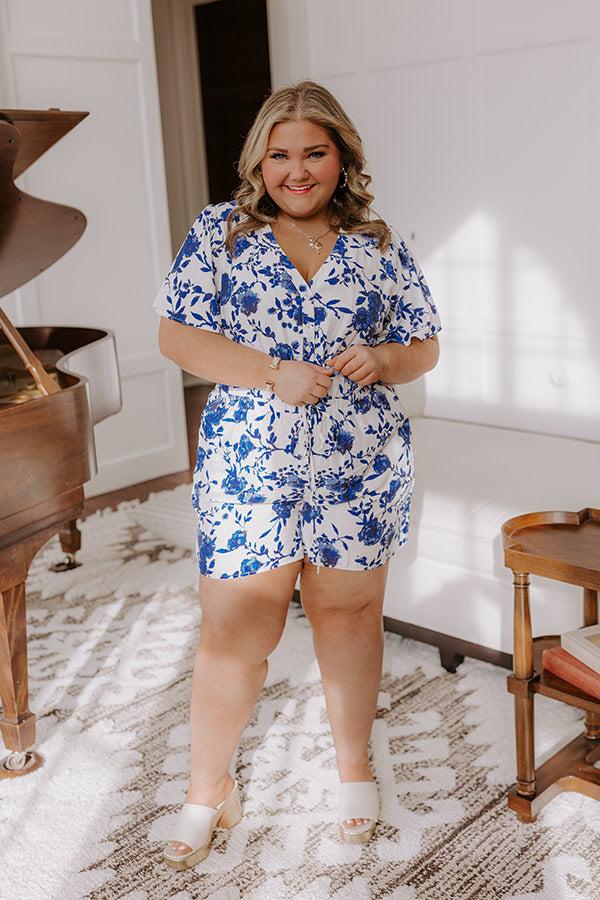 Impressions Life In Full Bloom Floral Romper In Royal Blue Curves
