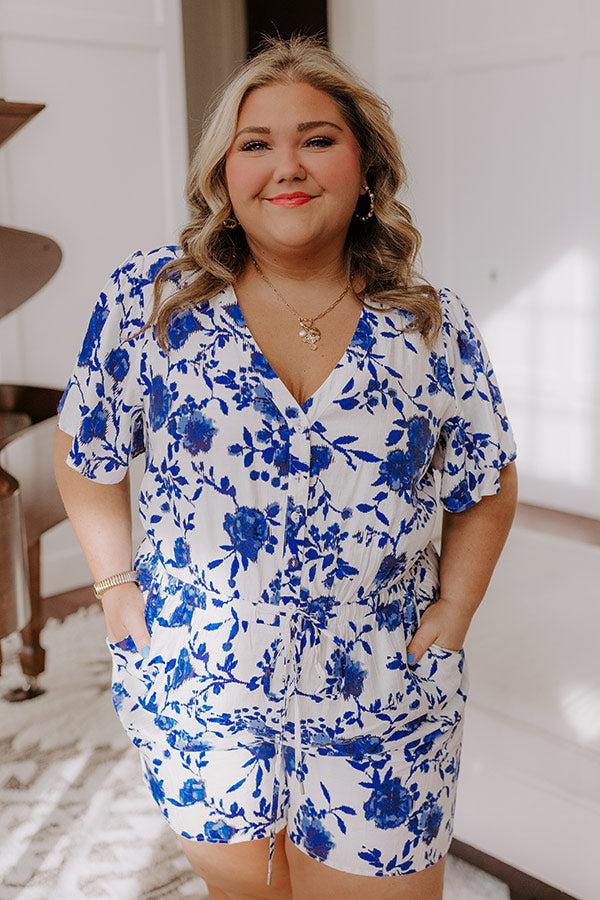 impressions Life In Full Bloom Floral Romper in Royal Blue Curves