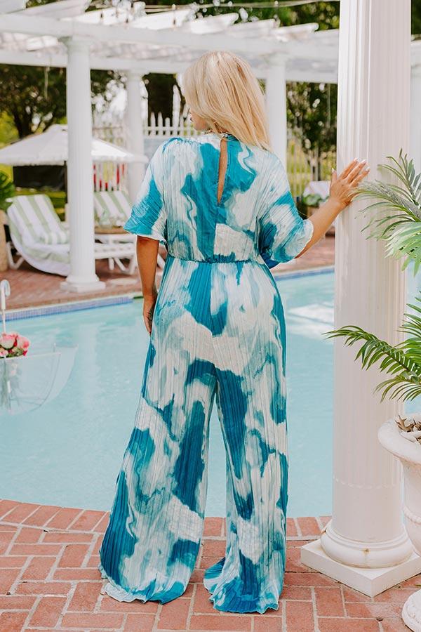 Impressions Miami Date Night Pleated Jumpsuit In Blue Curves
