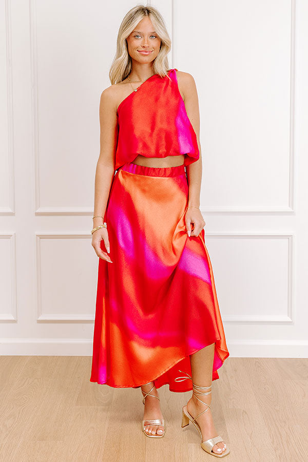 Impressions Moonlit Lagoon High Waist Satin Midi Skirt In Red