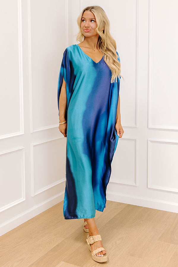 impressions Moonlit Lagoon Satin Caftan Maxi Dress in Blue