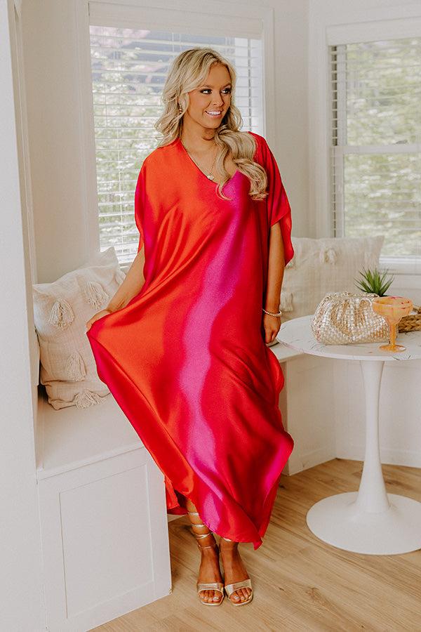 Impressions Moonlit Lagoon Satin Caftan Maxi Dress In Red