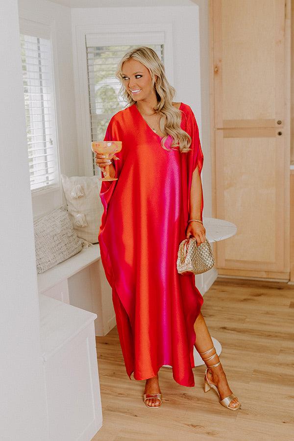 Impressions Moonlit Lagoon Satin Caftan Maxi Dress In Red