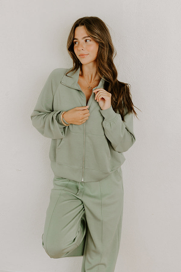 impressions Morning Dew Scuba Zip-Up Sweater in Sage