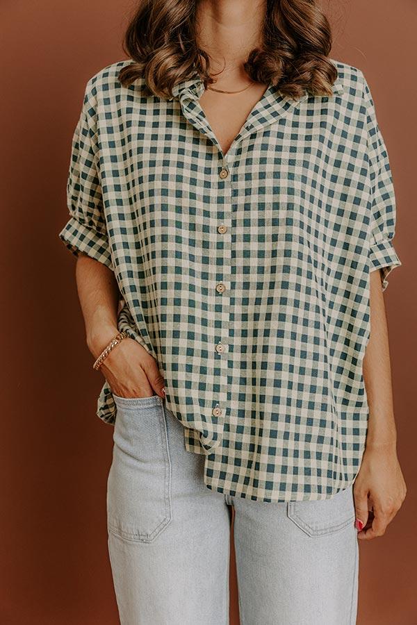 Impressions Picnic At The Park Oversized Gingham Button Up In Hunter Green