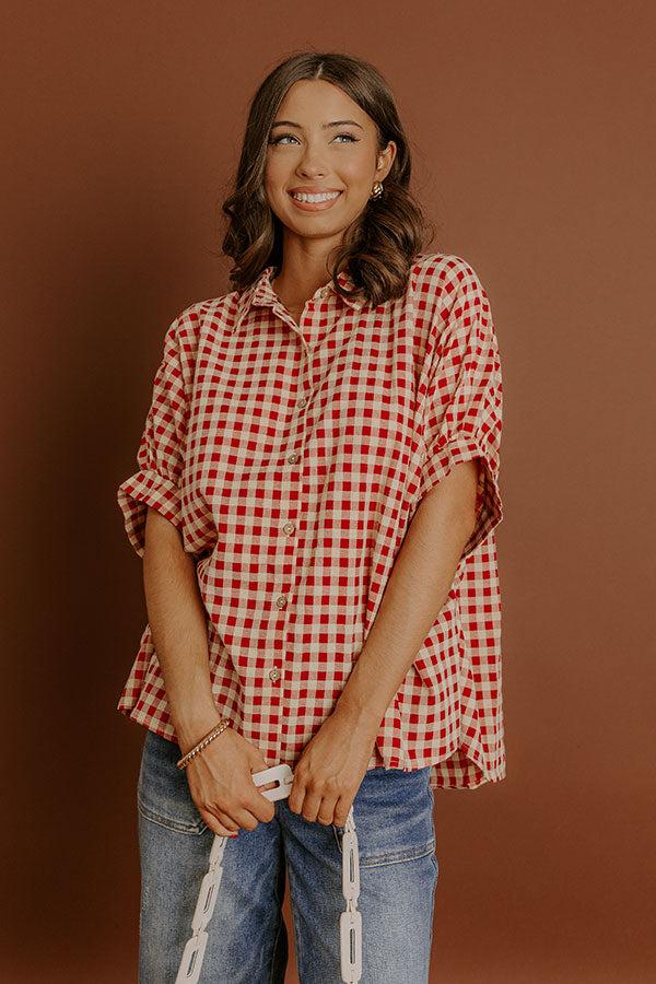 Impressions Picnic At The Park Oversized Gingham Button Up In Red/Yellow