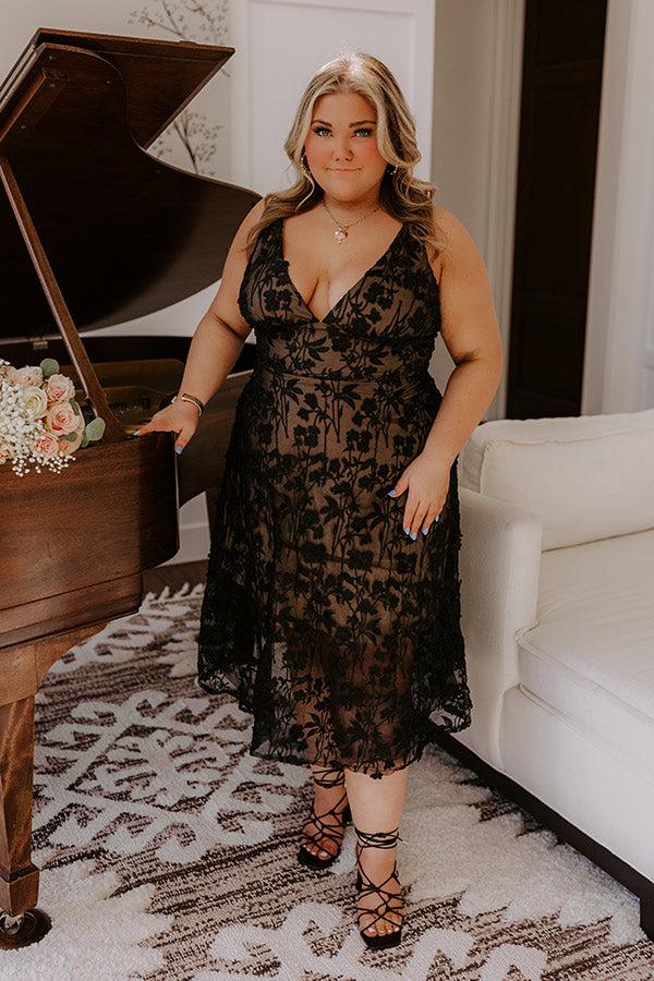 impressions Romantic Moment Embroidered Midi Dress in Black Curves