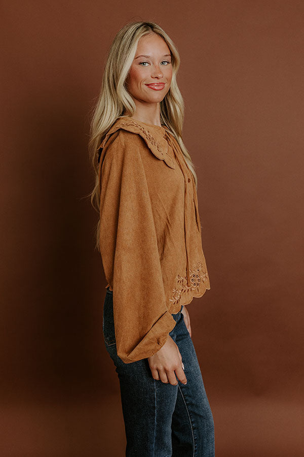 Impressions Rosehill Estate Faux Suede Button Up Top In Camel