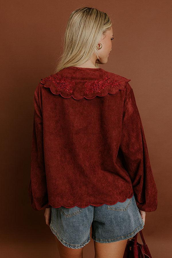 Impressions Rosehill Estate Faux Suede Button Up Top In Merlot