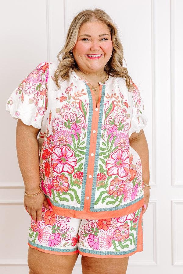 impressions Santorini Daydream Linen-Blend Floral Top in Ivory Curves