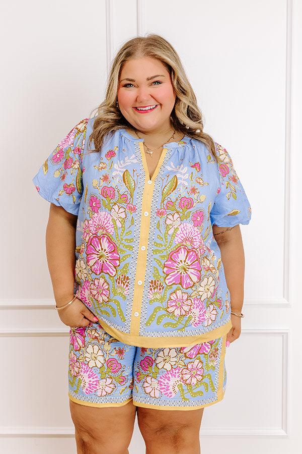 impressions Santorini Daydream Linen-Blend Floral Top in Periwinkle Curves