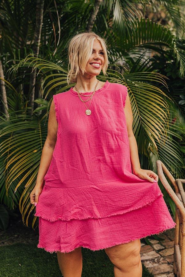 Impressions Spring Sunshine Frayed Dress In Hot Pink Curves
