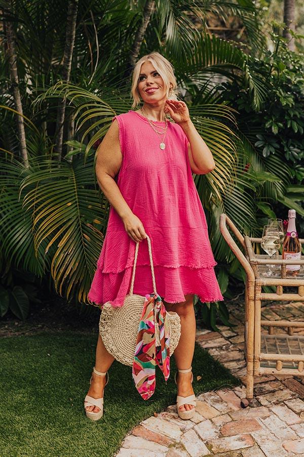 impressions Spring Sunshine Frayed Dress in Hot Pink Curves