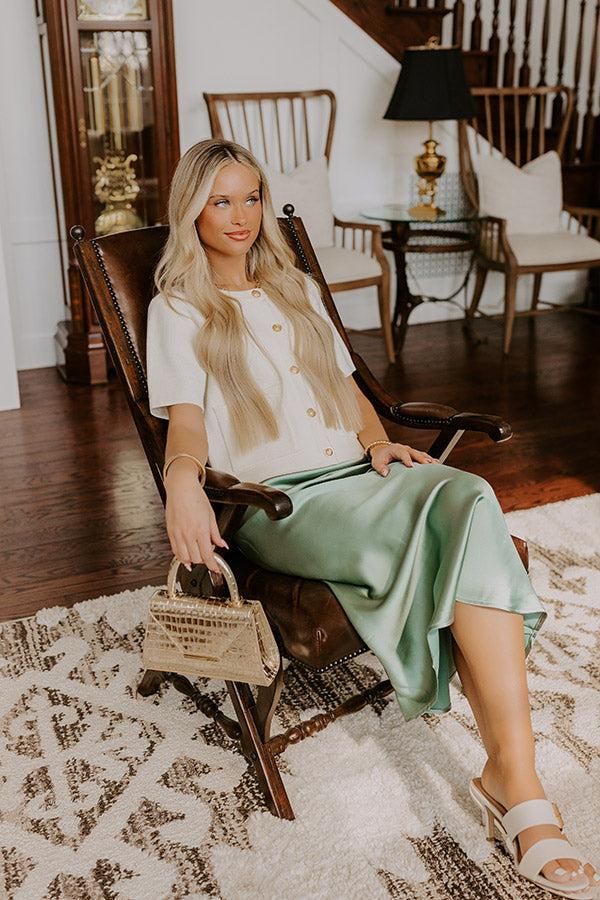 impressions The Adeline High Waist Satin Midi Skirt in Sage